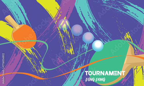 Ping pong tournament, table tennis competition poster, flat style, abstract background, brush stroke texture. Tennis championship banner, rackets, ball, training, sports club, education, hobby
