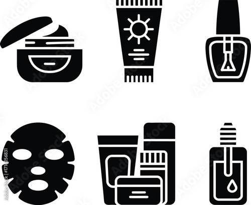 Beauty products skincare cosmetics nail polish vector icon set for online shop or beauty blog design