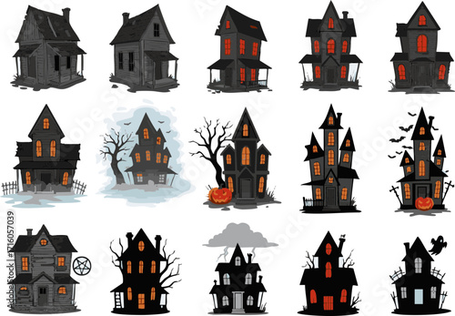 Set of spooky haunted houses and castles vector, perfect for Halloween, with various styles and details for scary party invitations and posters.