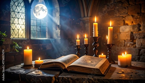 Antique book and candles illuminated by moonlight