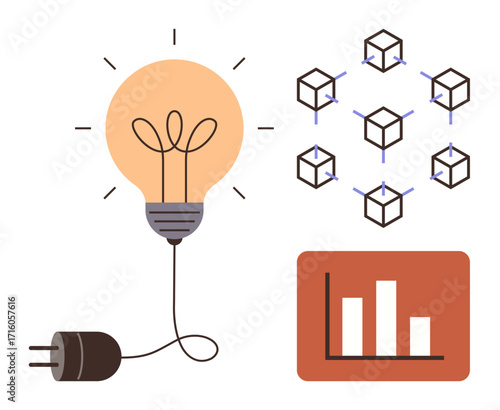 Lightbulb with cord, interconnected blockchain cubes, and bar chart representing trends. Ideal for innovation, data analysis, technology, energy, blockchain progress business growth. Simple flat