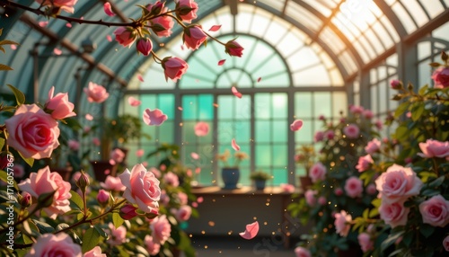 Enchanted Greenhouse with Flower Petal Scene Dawn