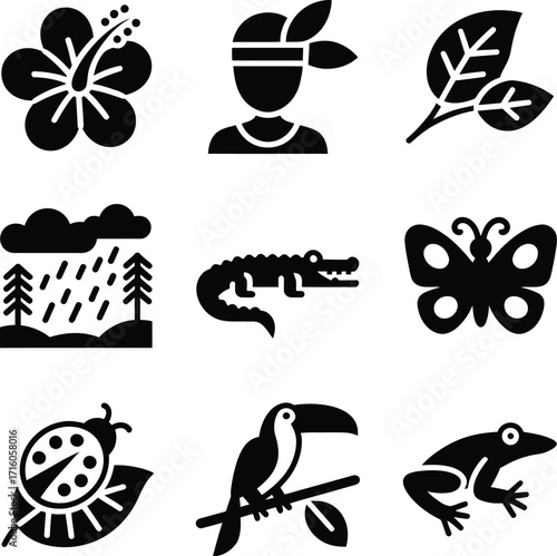 Tropical nature icons set vector illustration with hibiscus flower and rainforest animals design 100