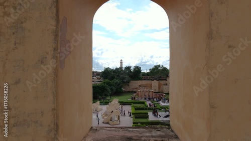 Aerial drone view of Jantar Mantar, Jaipur, UNESCO World Heritage site in Rajasthan, India. Historic astronomical observatory with unique stone instruments and cultural heritage.