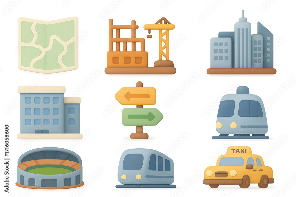 Naklejka premium 3d cartoon city icons: transportation, buildings, map, taxi, train, stadium