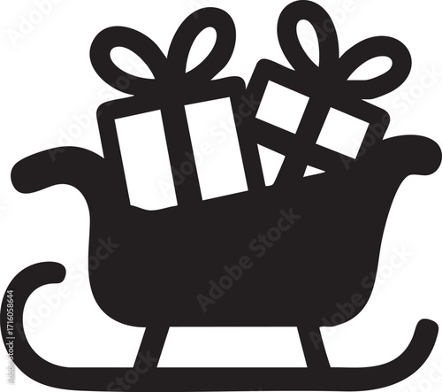 Santa’s sleigh loaded with Christmas gifts – black & white silhouette vector