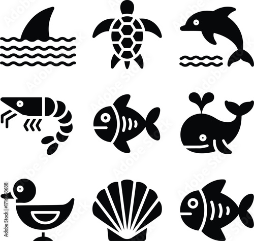Vector ocean sea animals icons set shark turtle dolphin fish shrimp whale duck shell silhouette design