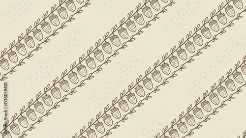 Repeating pattern of acorn and leaf vines on a beige background in a diagonal arrangement design element