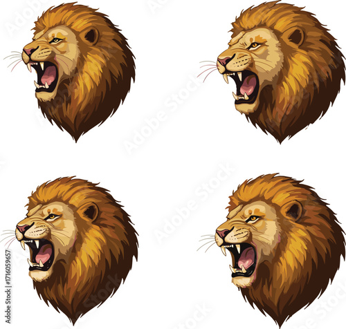 Roaring lion head illustration, wild animal portrait, fierce jungle king, powerful predator artwork, majestic wildlife vector