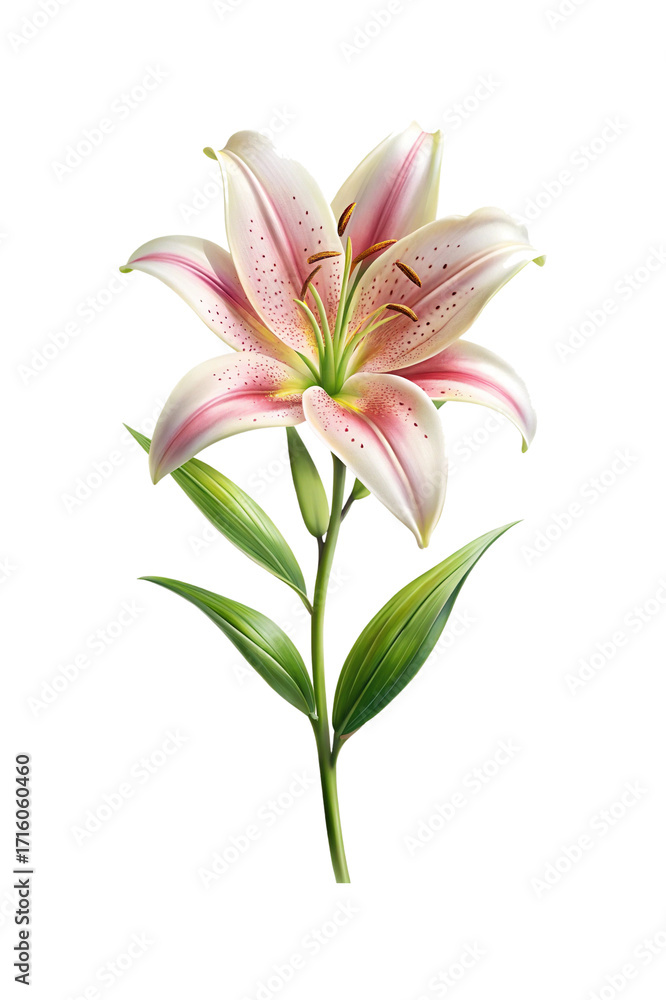 Obraz premium Elegant pink and white lily with detailed stamen on a white background