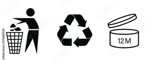 Trash can icon and Recycle icons set. Recycle sign or Packaging sign vector illustration, The universal recycling symbol isolated on white background. Pao cosmetic open 12 month life shelf.