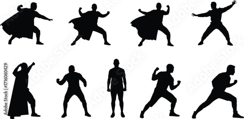 Superhero silhouette action poses collection, strong fighter shadow, powerful hero stances, dramatic vector illustration design