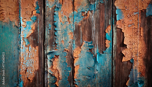 青緑の塗料が剝がれ落ちる古い木板に刻まれた汚れた感じのテクスチャ