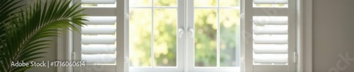 Luxurious white shutters, soft focus Bedroom window detail , interior, design, home decor