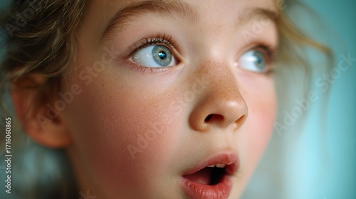 A surprised young girl with blue eyes and curly hair, capturing a moment of wonder and curiosity.