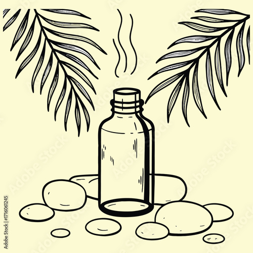 Herbal spa essential oil in a brown glass dropper bottle on a bamboo mat