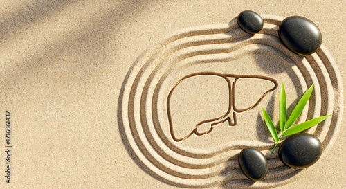 Zen garden with a liver shape drawn in the sand. Concept of liver health, detoxification, balance, and natural wellness in a tranquil setting.