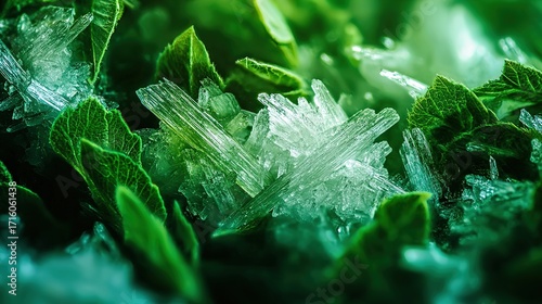 A macro view of glowing crystalline magnesium structures embedded within lush green leaves, symbolizing natural supplementation.