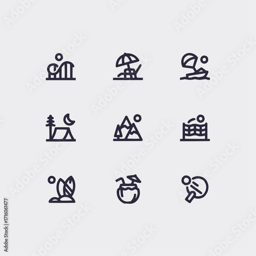 Dreaming of summer adventures? Get inspired with these fun icons for travel, sports, and relaxation, perfect for vacation planning and design projects.