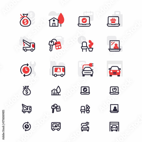 Essential services icons for web design, app development, and business presentations showcasing finance, transport, real estate, and modern technology solutions