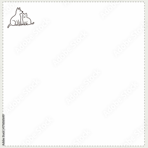 Minimalistic line drawing of a cat and dog sitting closely together, symbolizing friendship and harmony between different animal species in a simple artistic style.