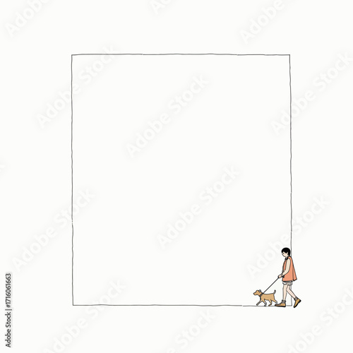 Minimalistic illustration featuring a person walking a small dog against a vast white background, highlighting simplicity and companionship in everyday life