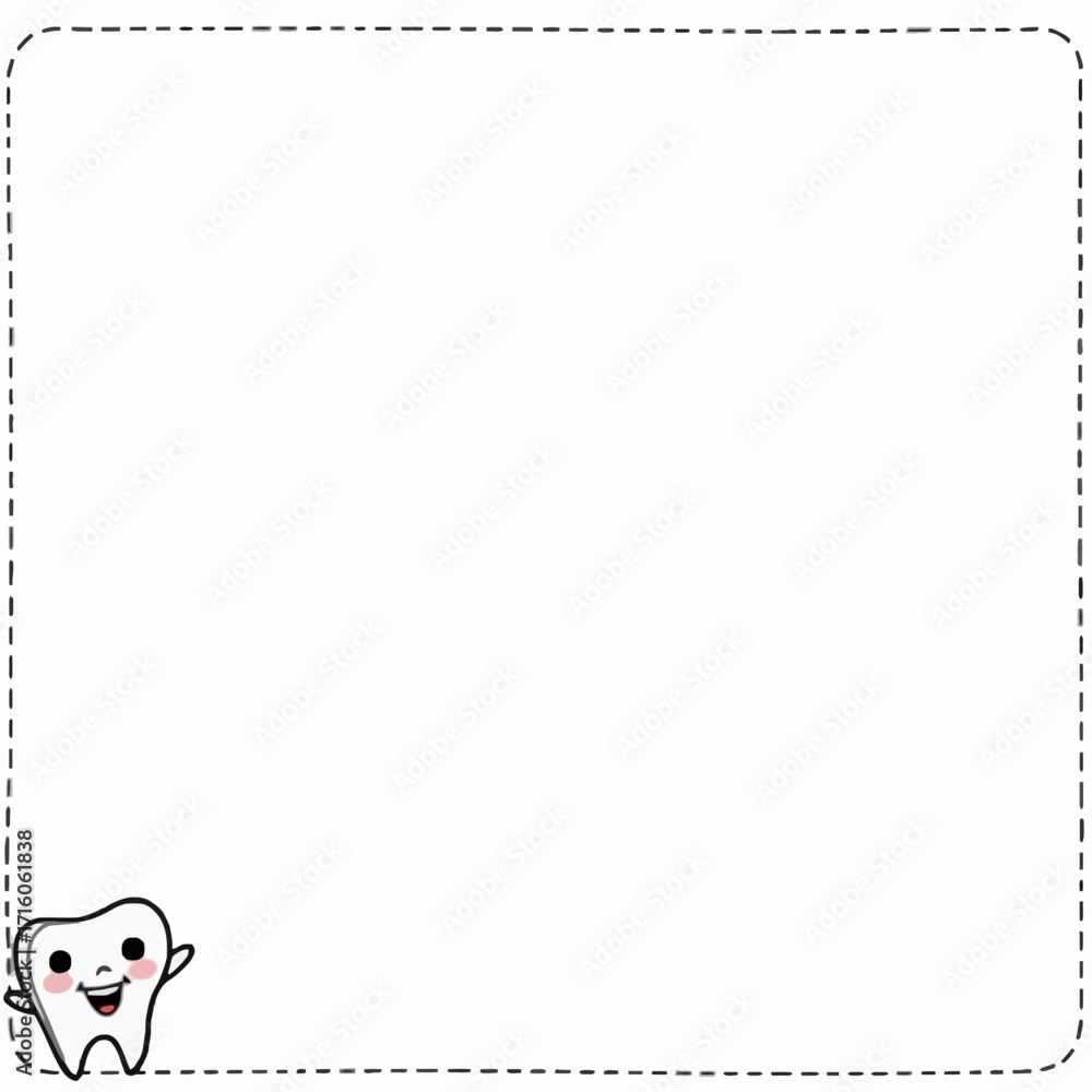 Obraz premium Playful Cartoon Tooth on White Background with Dotted Border for Dental Hygiene and Pediatric Dentistry Promotions or Educational Materials