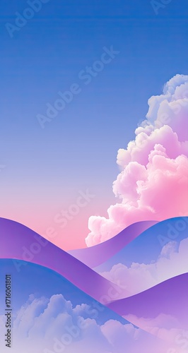 Dreamlike landscape of pastel purple and blue mountains shrouded in soft pink clouds against a vibrant sky at sunset or sunrise
