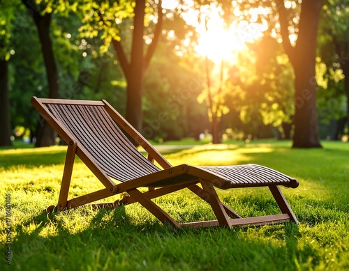 Wooden lounge chair in a park at sunset