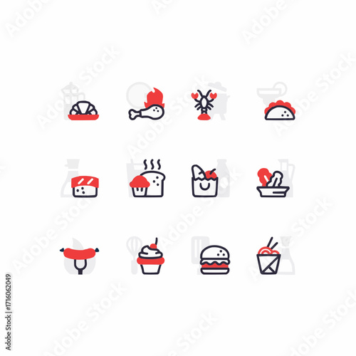 Modern food icons showcasing diverse cuisines, perfect for menus, apps, and culinary designs offering a clean and appetizing aesthetic for branding