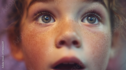 A young girl with curly brown hair and freckles displays a look of wonder and surprise with wide-open eyes.
