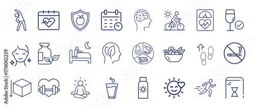 Healthy lifestyle and wellness icons including fitness, nutrition, mindfulness and medical habits, yoga, meditation, skincare, immune, supplement, walking. vector illustration eps file