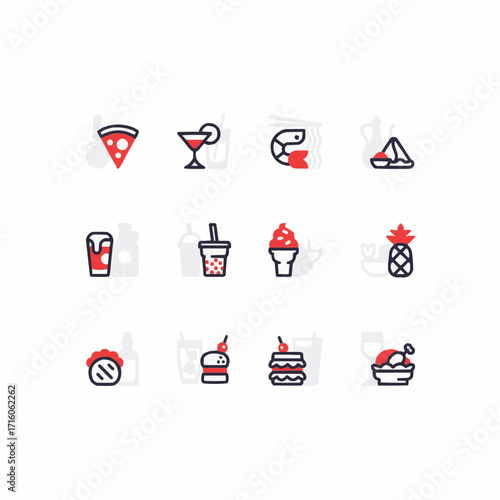 Appetizing food icons showcasing delicious meals, snacks, and drinks for culinary projects, restaurant menus, and food-related designs, originally created as a vector graphic