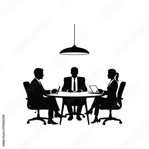 Business meeting silhouettes three professionals discussing ideas around a table in a modern office