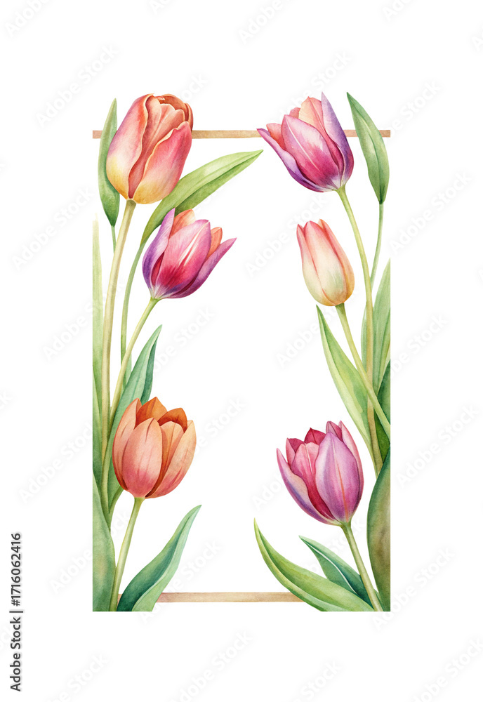 Obraz premium Watercolor Illustration of Pink and Orange Tulips Arranged in a Frame