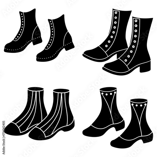 Collection of four pairs of vintage style boots with different designs in black and white color palette