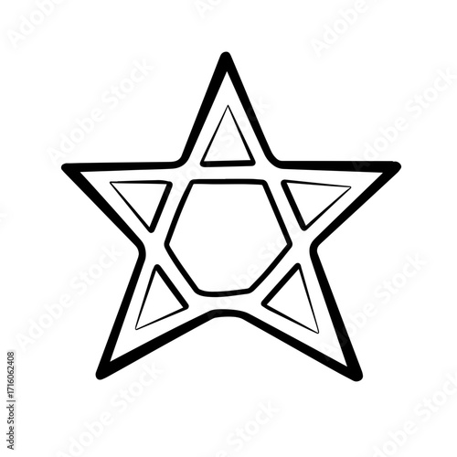 Star symbol with geometric design in black outline on white background  