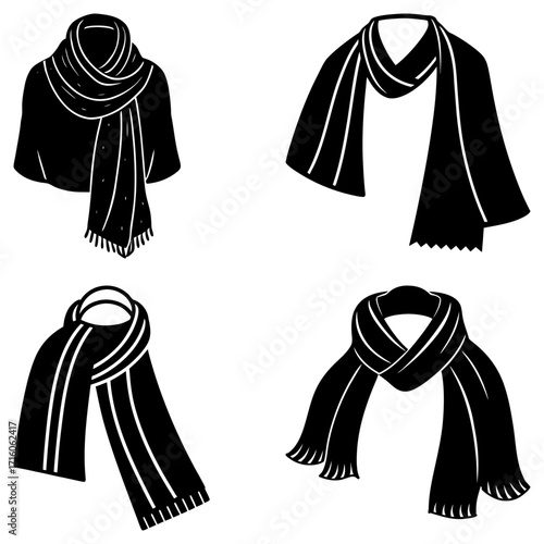 Illustration of four different styles of black and white scarves with varying designs and textures shown