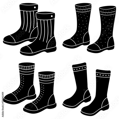 Collection of four pairs of black boots with unique designs and patterns on a white background showing footwear