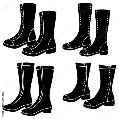 Illustration of four pairs of tall black boots with button details in a symmetrical arrangement style