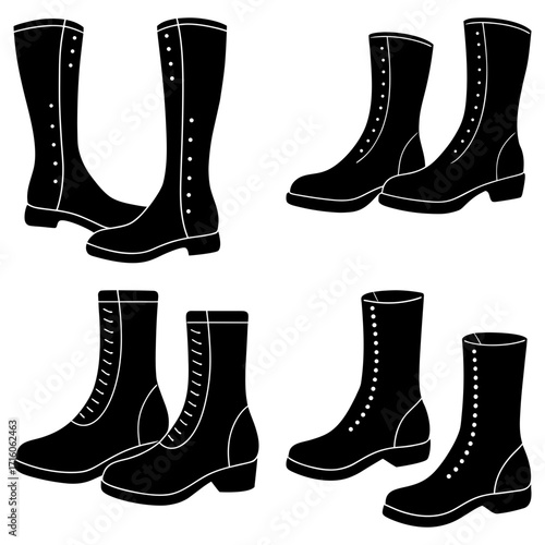 Four pairs of black boots with different heights and lace up or button details in a vector graphic design