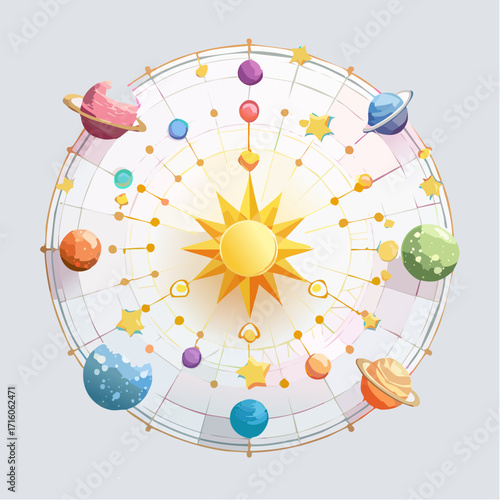 Colorful planets orbit a central sun within a cosmic chart, showcasing celestial harmony and vibrant energy in a playful, watercolor style.