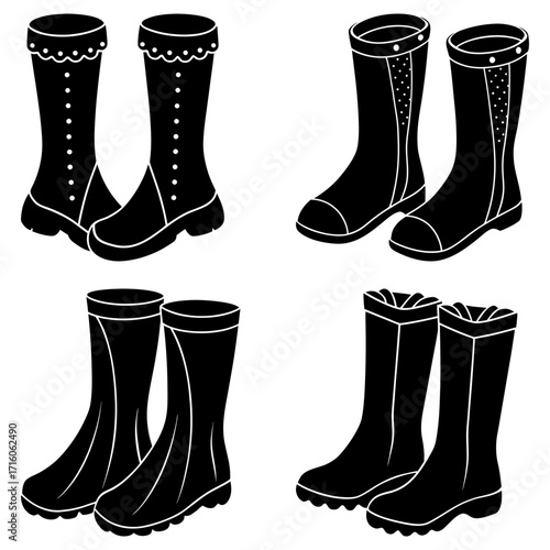 Illustration of four pairs of black boots with varying styles and decorative elements on a white background