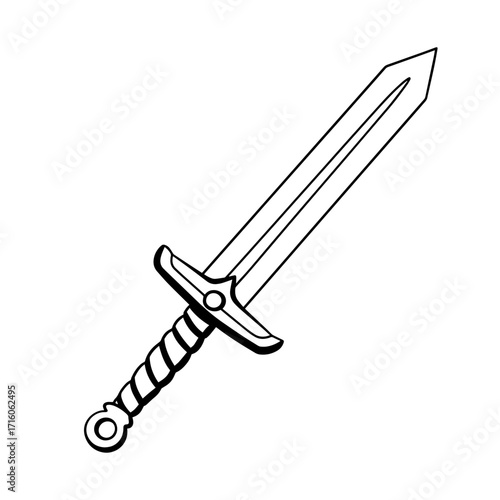 Illustration of a medieval sword with detailed hilt and blade  
