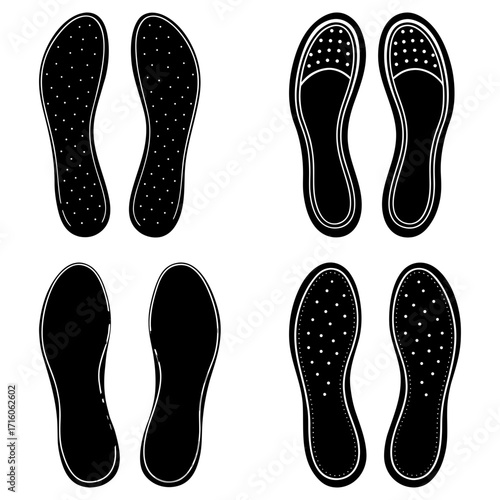 Illustration showing four pairs of shoe insoles with different designs and patterns in black and white color