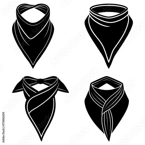 Four black and white bandanas in different styles displayed in a square format on a white background