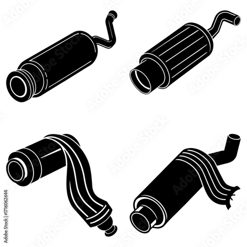 Illustration featuring four exhaust mufflers with varying designs in a monochrome black and white style
