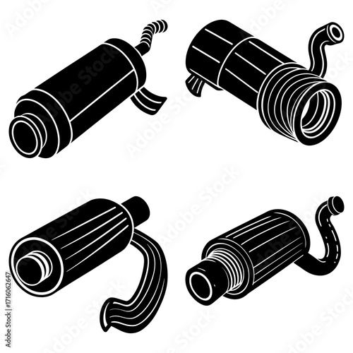 Illustration of four black and white car mufflers with exhaust pipes in varying perspectives and styles