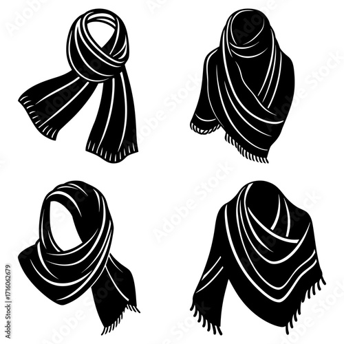 Illustration showing four different styles of black and white scarves with various wrapping techniques used