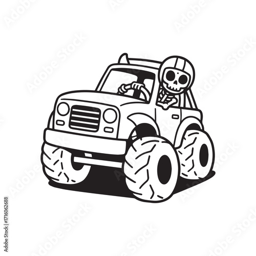 A Monster Truck with Friendly Skeleton Driver Silhouette on white Background. 